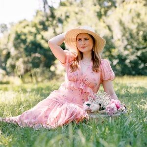 LOVESHACKFANCY Floral Puff Short Sleeve Ruffle Hem Cottagecore Babydoll Dress S